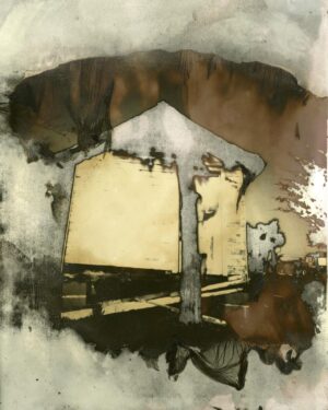 A painting of an old building with a tree in the background.