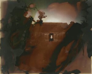 A painting of a person on a ledge