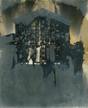 A painting of a window with the windows broken open.