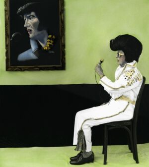 A painting of elvis presley sitting in front of a microphone.