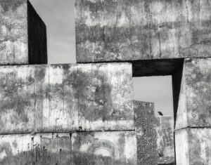A black and white photo of some concrete blocks