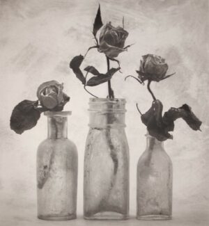 Three glass vases with flowers in them