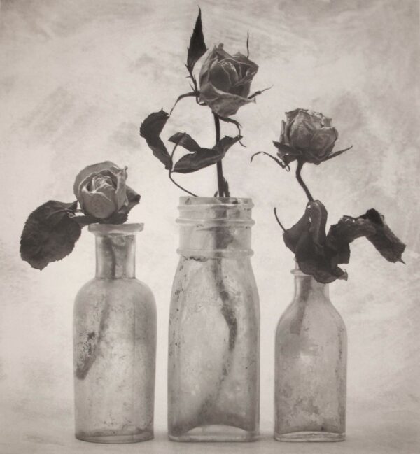 Three glass vases with flowers in them