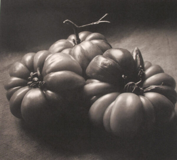 A black and white photo of some tomatoes