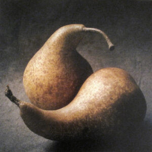 Two pears are sitting on a table together.