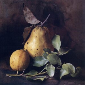 A painting of two pears and leaves on the table.