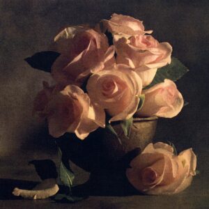 A painting of pink roses in a vase.