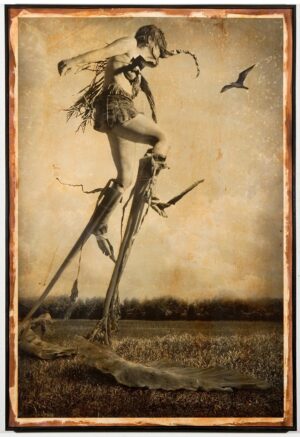 A painting of a woman standing on top of a tree.