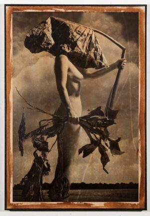 A painting of a woman holding a spear.