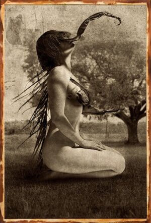 A woman sitting in the grass with her hands on her knees.