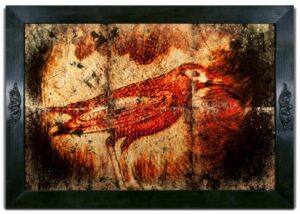 A painting of a bird on the ground.