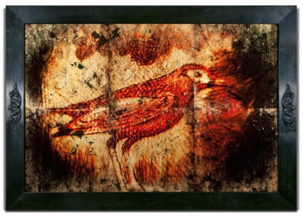 A painting of a bird on the ground.