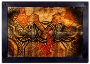 A painting of two birds with an intertwining knot.