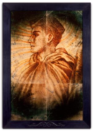 A painting of a man with sun shining through the window.