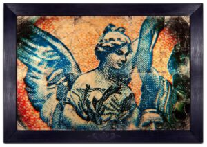 A painting of an angel with wings and a bird.