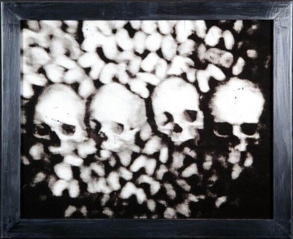 A black and white photo of skulls in the middle.