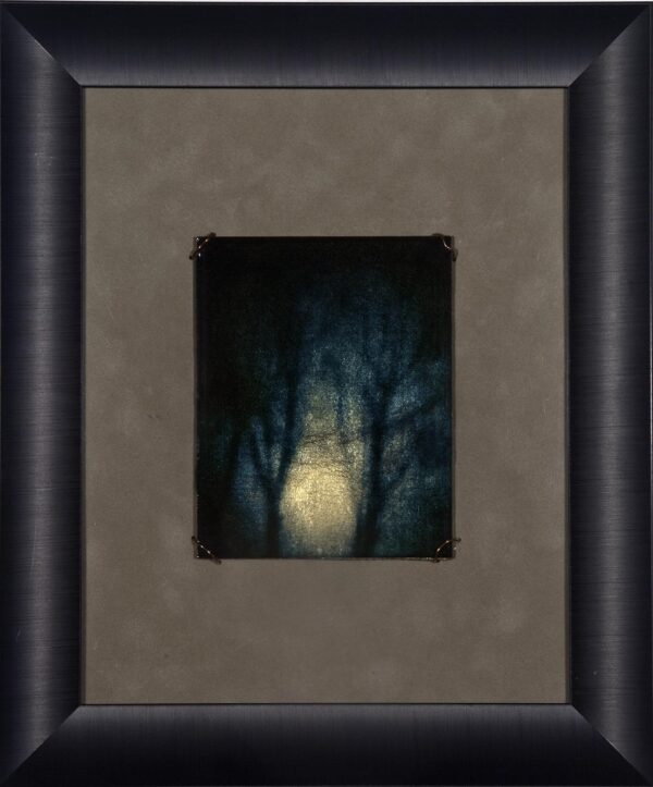 A painting of trees with the light shining through them.