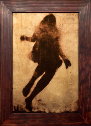 A painting of a person in motion with a wooden frame.
