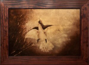 A painting of two birds flying in the sky.