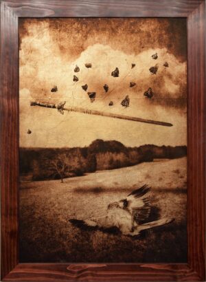 A painting of birds flying in the sky.