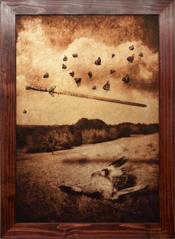 A painting of birds flying in the sky.