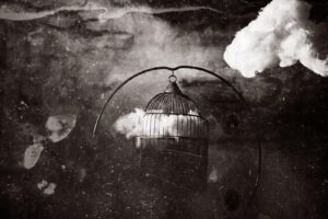 A bird cage with smoke coming out of it.