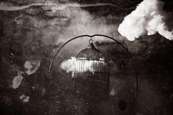 A bird cage with smoke coming out of it.