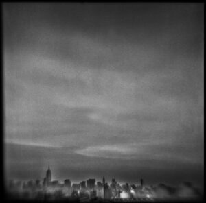 A black and white photo of the city skyline.