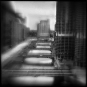 A black and white photo of some buildings