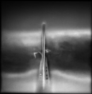 A black and white photo of a pole in the middle of water.