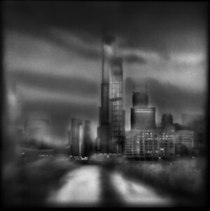 A black and white photo of the city skyline.