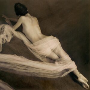 A painting of a woman in white sitting on top of a bed.