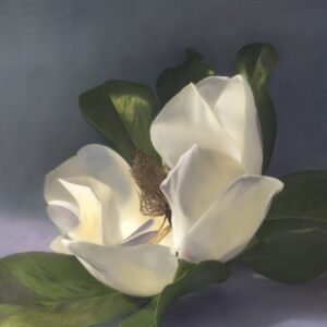 A painting of a white flower with green leaves.
