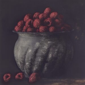 A painting of raspberries in a bowl