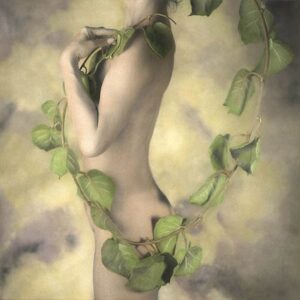 A painting of a woman with green leaves around her body.
