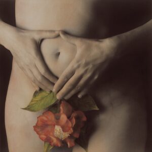 A painting of a woman 's body with flowers in it.