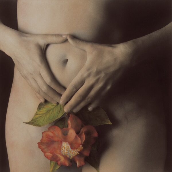A painting of a woman 's body with flowers in it.