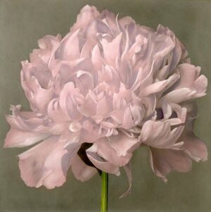 A painting of a pink flower with green stem.