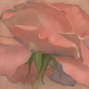 A painting of a pink rose with green leaves.