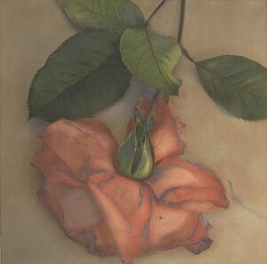 A painting of an orange rose and leaves
