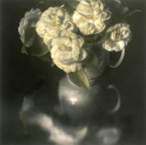 A vase of flowers on the table in front of a mirror.