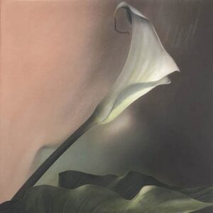 A painting of a white flower with green stems.