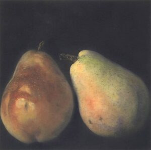 Two pears are shown in a painting.