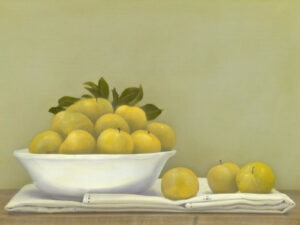 A painting of lemons in a bowl and apples