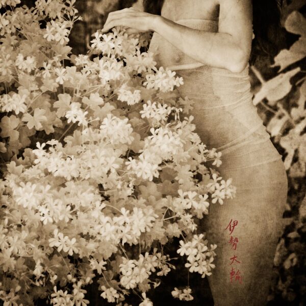 A woman in a dress standing next to flowers.