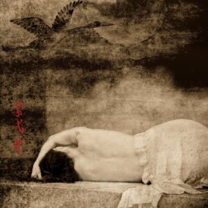 A woman laying on the ground with her head down.