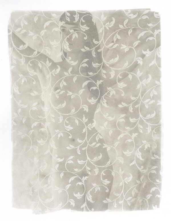 A white lace curtain with floral designs.