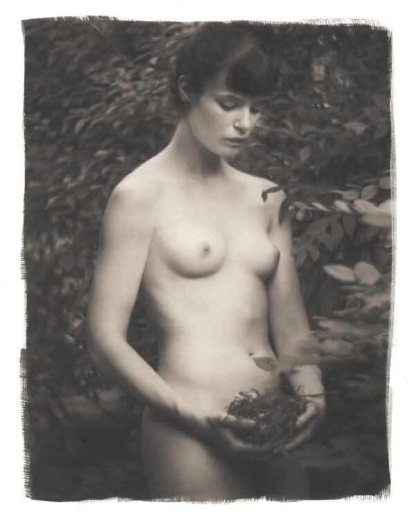 A woman holding a bunch of leaves in her hands.