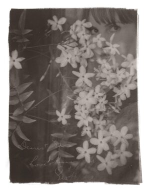 A black and white photo of flowers on a blanket.