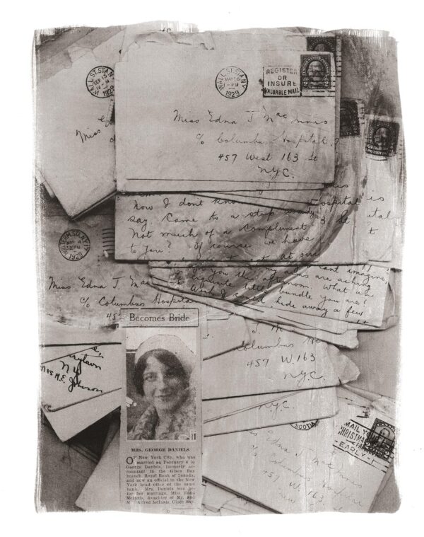 A pile of old letters and envelopes with a woman 's face on top.